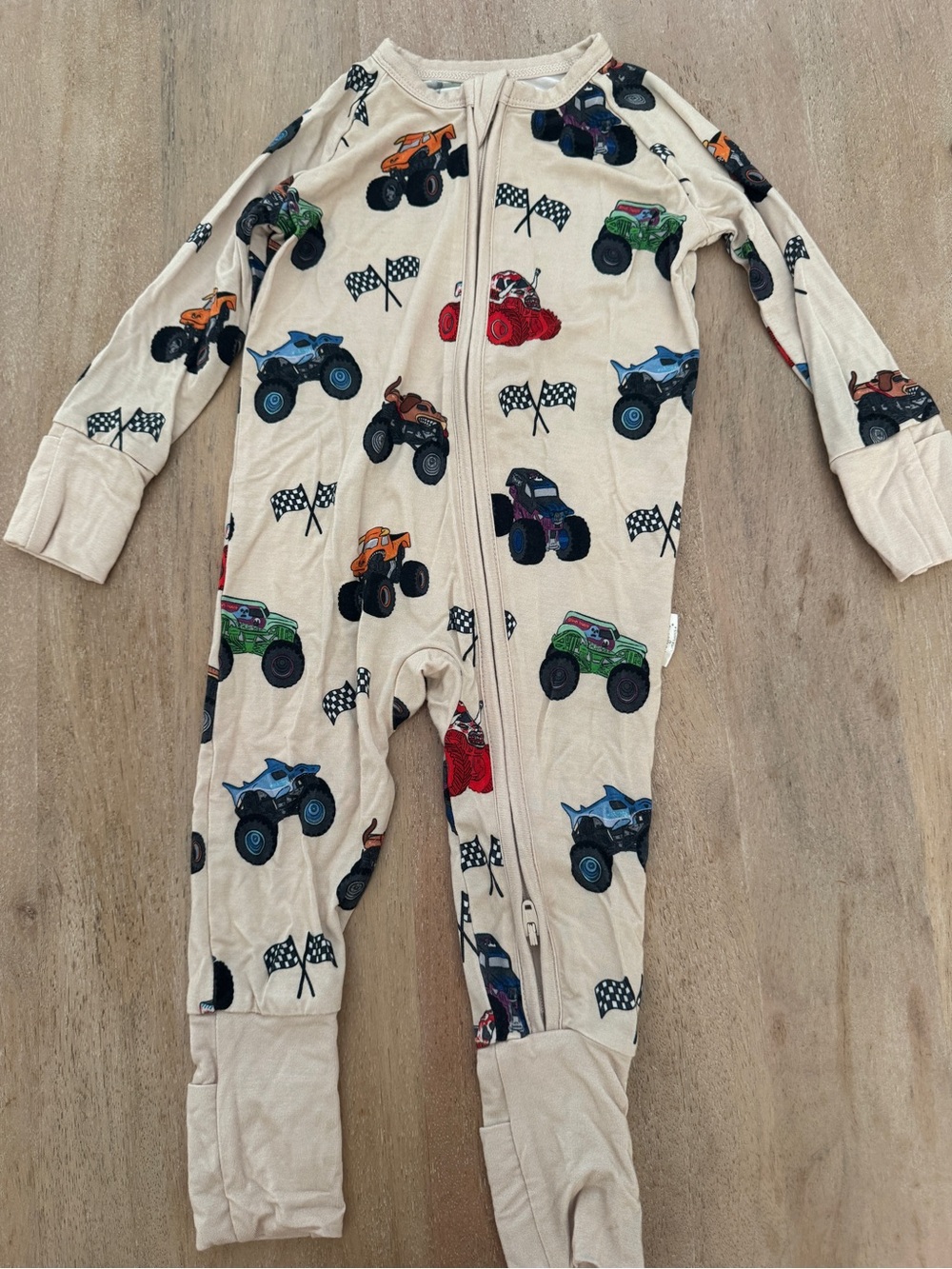 Beige Monster Jam Zip-Up One-Piece Convertible Footie for Infants